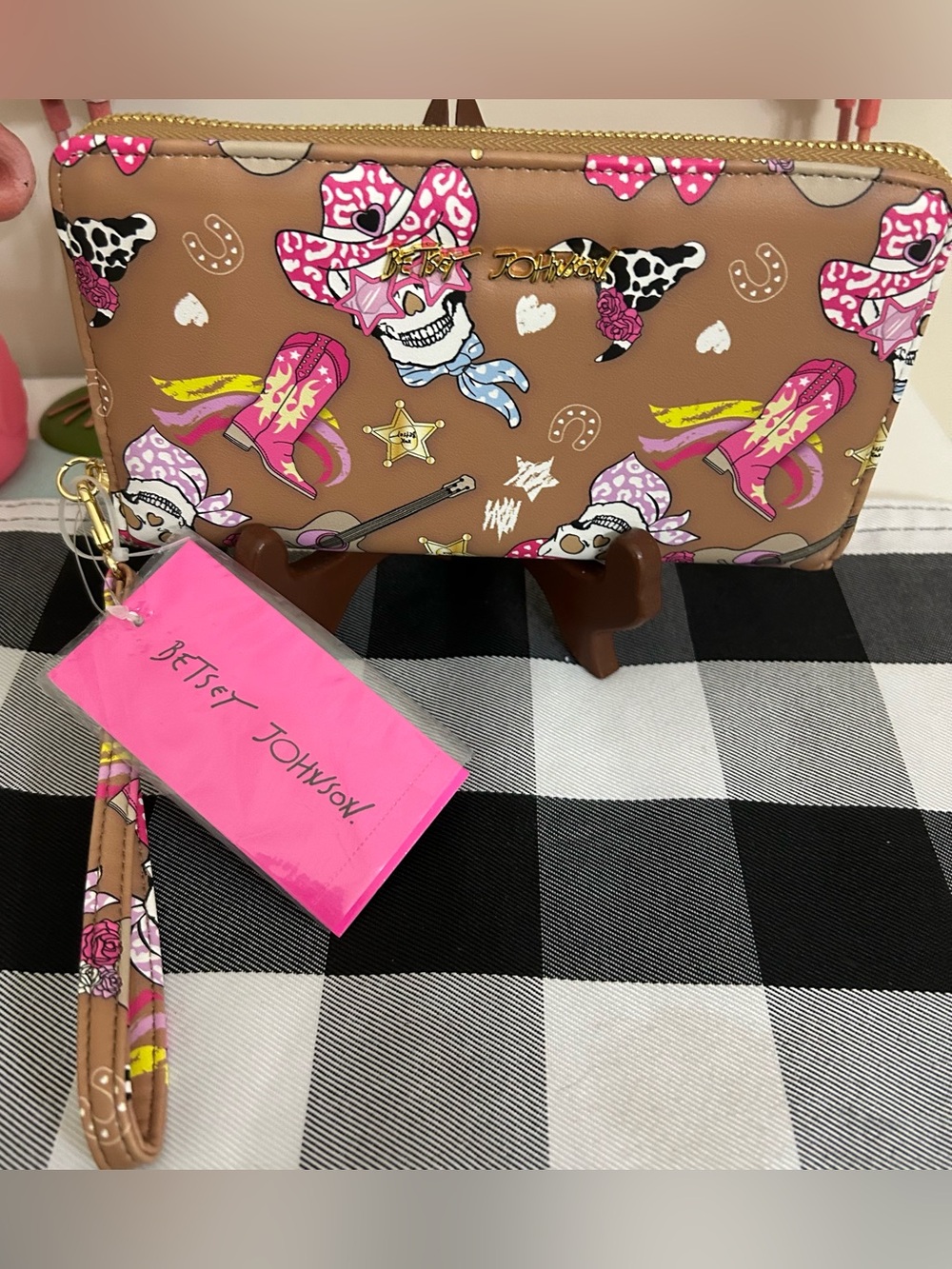 Betsey Johnson Pink and Tan Western Skull Wristlet Clutch